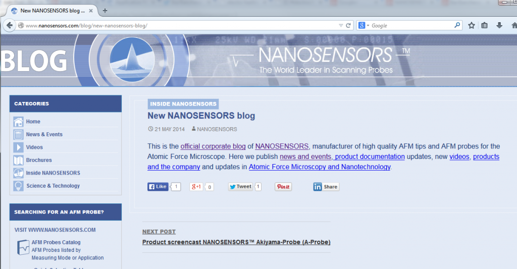 Screenshot from the new official corporate blog from NANOSENSORS with news, videos and product documentation.