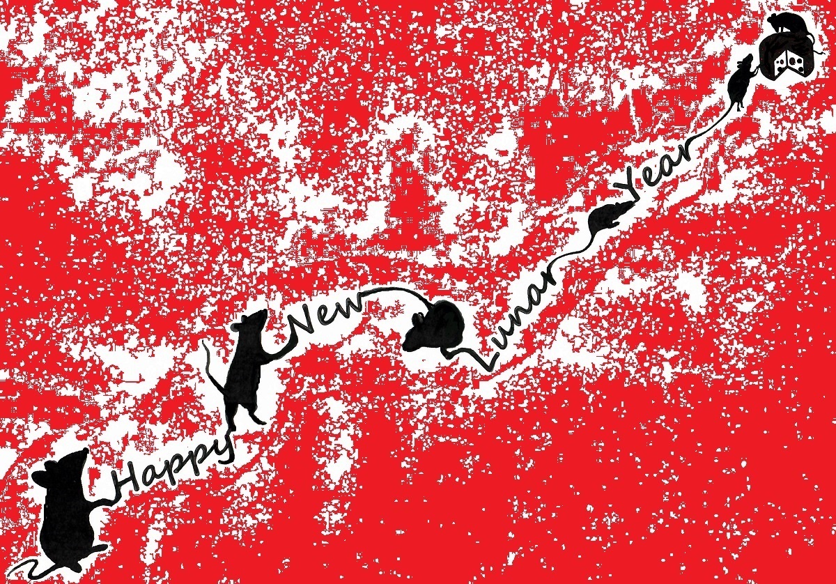 Black shilouette drawing of six rats on a red background trying to reach a piece of cheese and writing a new year's greeting "Happy New Lunar Year" with their tails