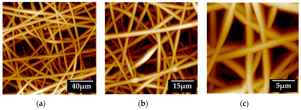 Figure 3 from “Development of a Lidocaine-Loaded Alginate/CMC/PEO Electrospun Nanofiber Film and Application as an Anti-Adhesion Barrier” by Seungho Baek et al.:
Morphological and surface characterization of the 9% (w/v) alginate/CMC/PEO nanofiber film. Analyses used the noncontact mode of atomic microscopy. (a–c) are the same films at different scales (scale bars 40 µm, 15 µm, and 5 µm).
