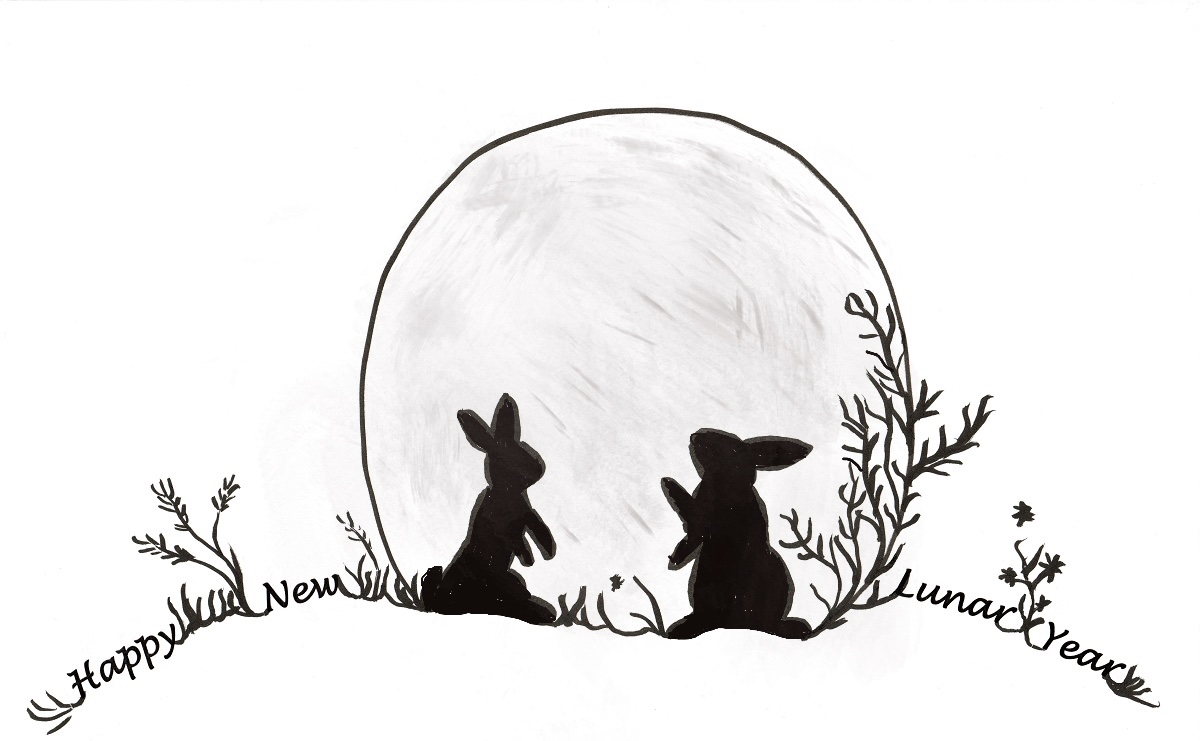 Drawing of two rabbits in front of the full moon with happy new lunar year written in the grass surrounding them.
