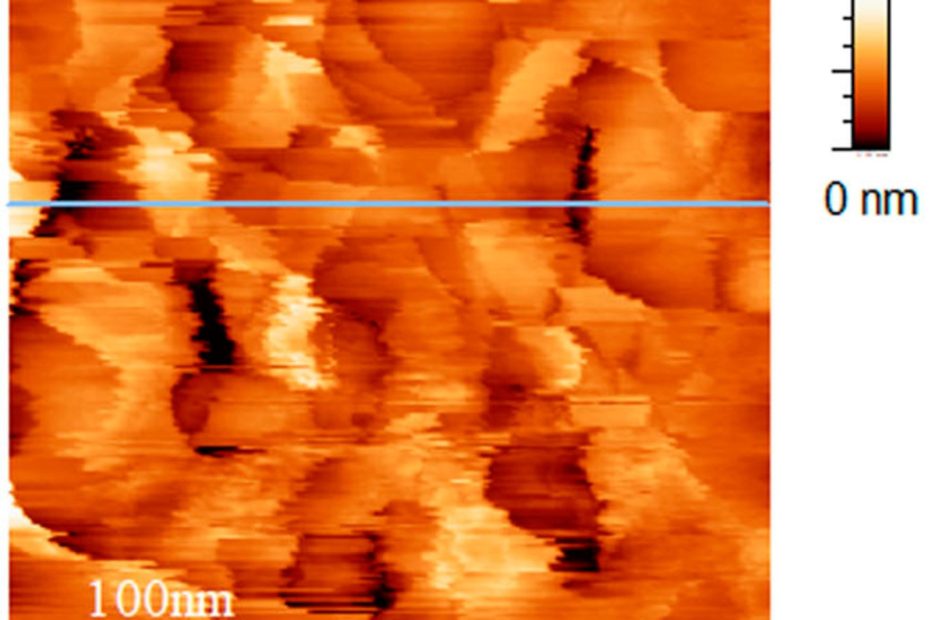 Figure 1 (a) from Ryo Yanagisawa et al. (2024) “The interface between ice and alcohols analyzed by atomic force microscopy”: (a) AFM image (500 × 500 nm2) of the ice surface obtained in N2 at 267.1 K. for 1 b) The line profile of panel (a). please refer to the cited article Topographic images were obtained in the amplitude modulation mode with a NANOSENSORS PointProbe® Plus AFM probe with gold coating on the detector side PPP–NCHAuD.