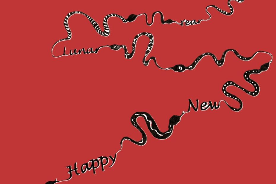 silhouette drawing of 8 snakes winding their way along a "Happy New Lunar Year" wish in front of a red background.